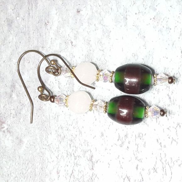 boho earrings 460#mfs Victorian green hatpin earrings Crystal milky white & gree - Picture 6 of 6